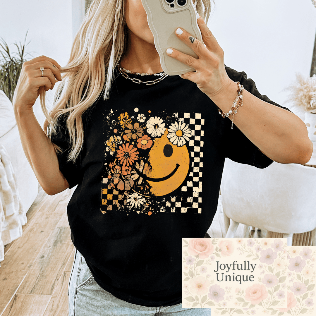 Short Sleeve T-Shirt Retro Floral Yellow Gold Smiley Face - Joyfully Unique