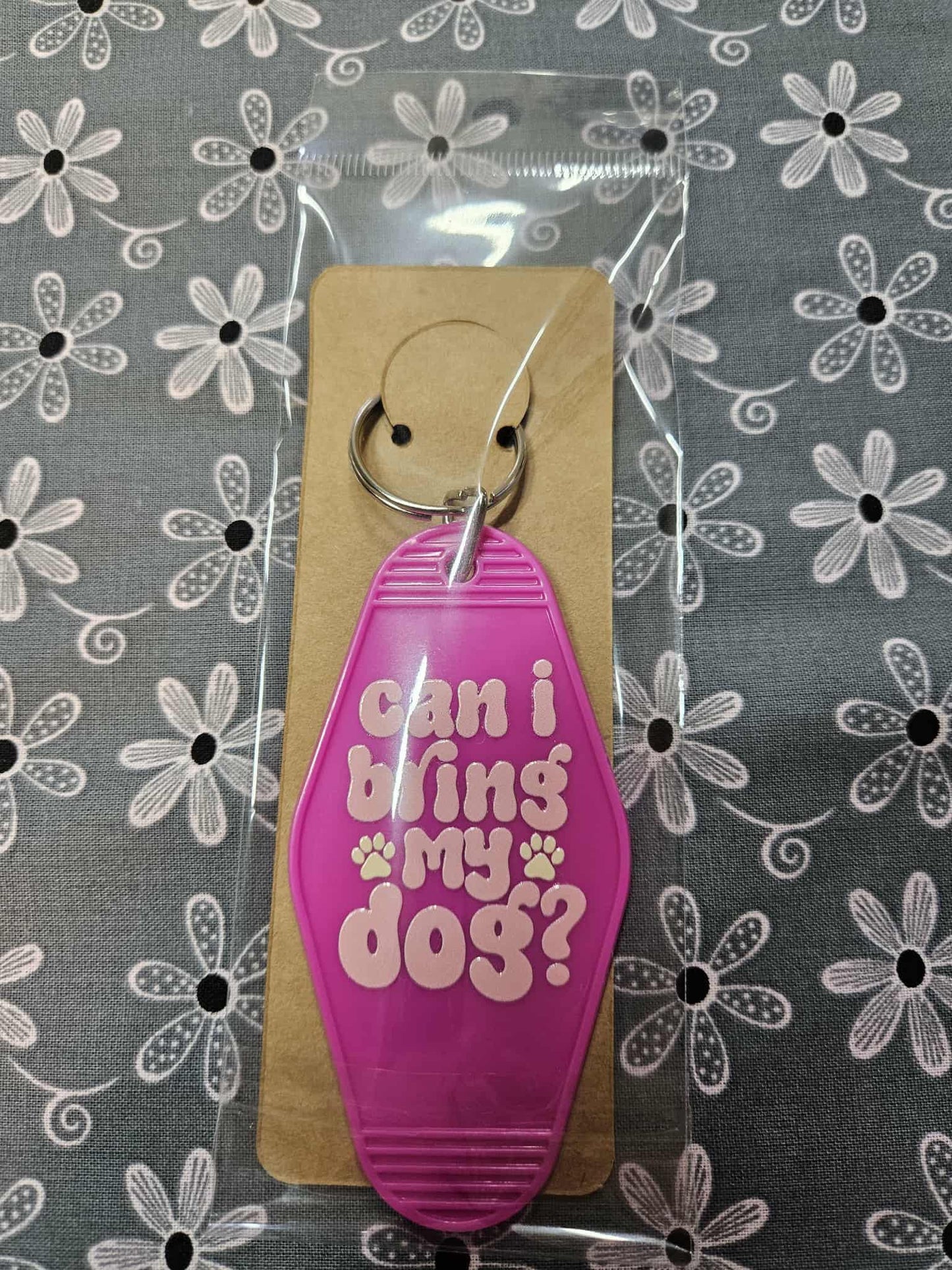 Retro Motel Keychain: Pink Acrylic 'Can I Bring My Dog' Luggage Tag - Joyfully Unique