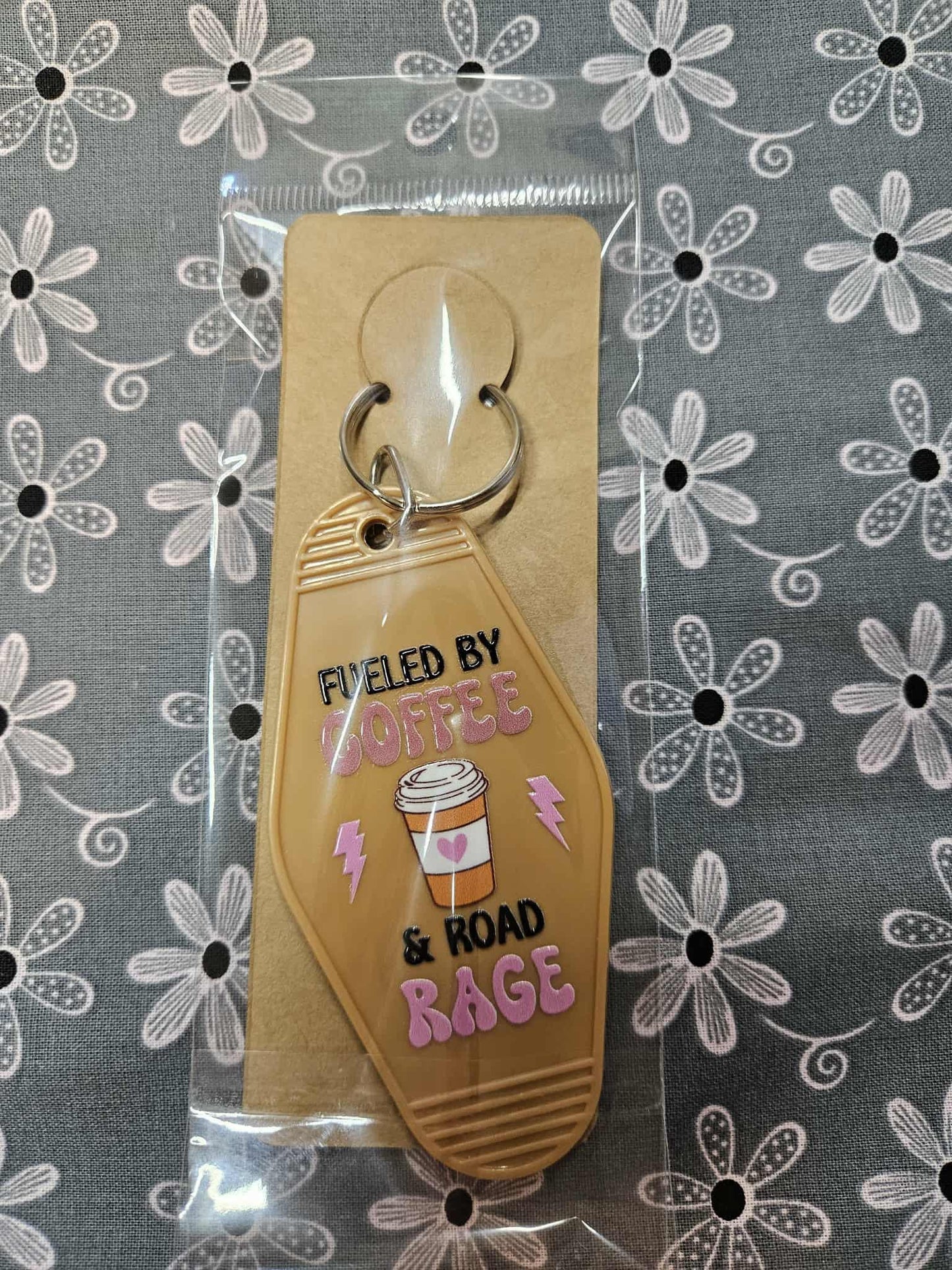 Retro Motel Keychain: Fueled By Coffee & Road Rage - Acrylic Luggage Tag - Joyfully Unique