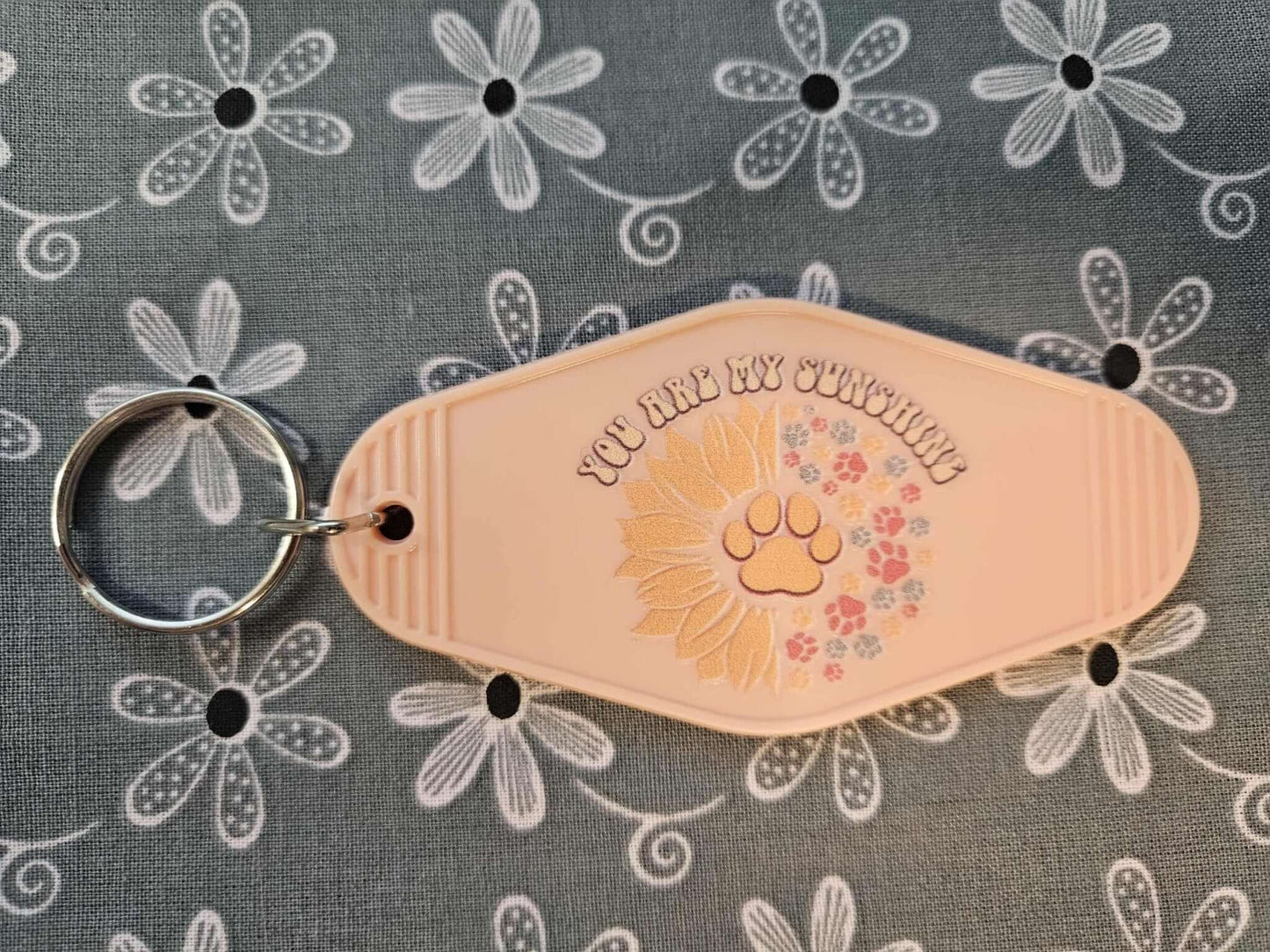 Retro Motel Keychain: Peach Acrylic Sunflower Pawprint You Are My Sunshine - Joyfully Unique Things