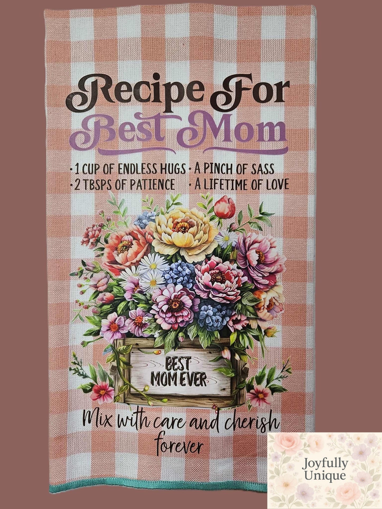 Kitchen Towel: Recipe For Best Mom Peach Checkered - Joyfully Unique