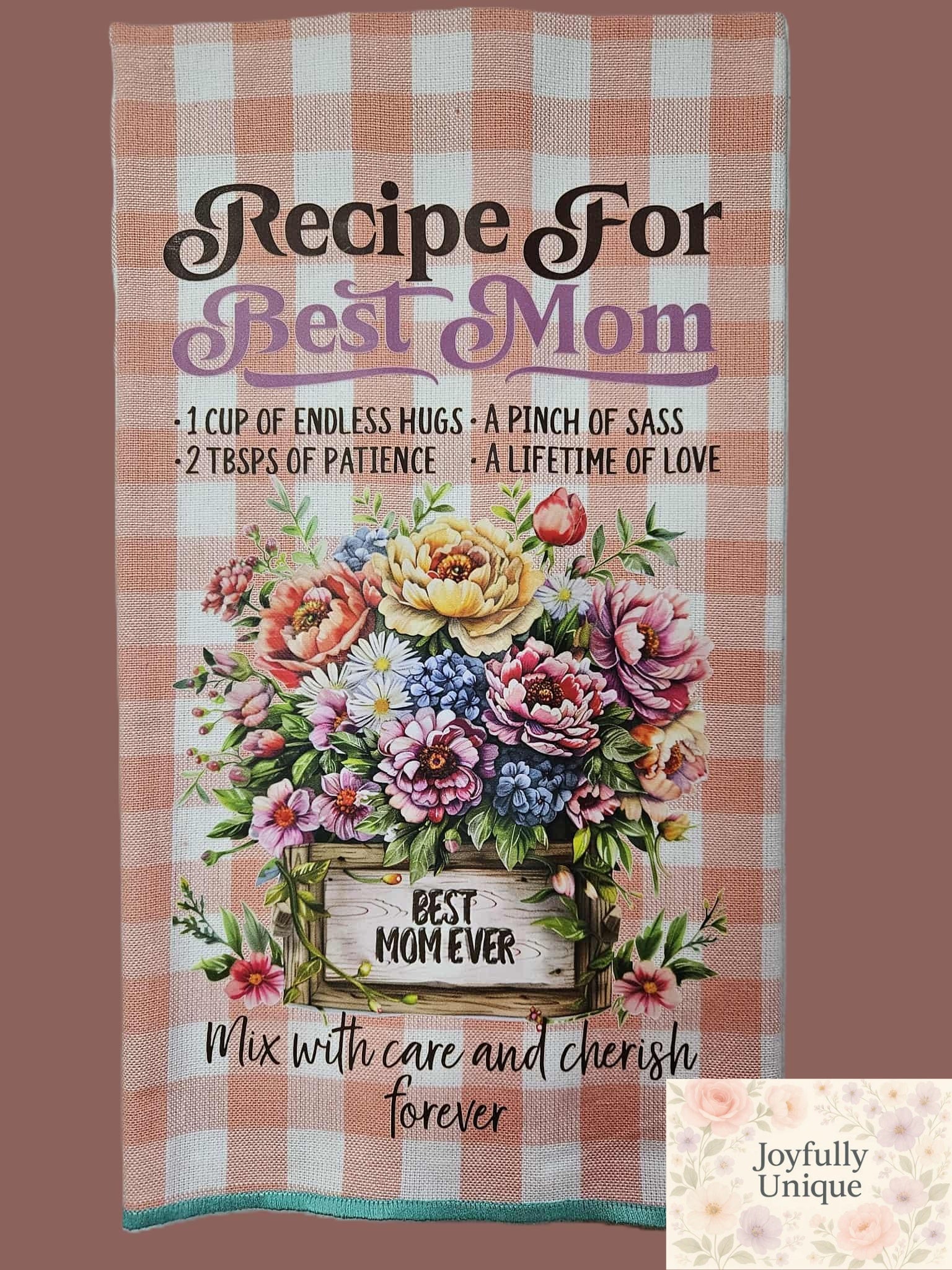 Kitchen Towel: Recipe For Best Mom Peach Checkered - Joyfully Unique