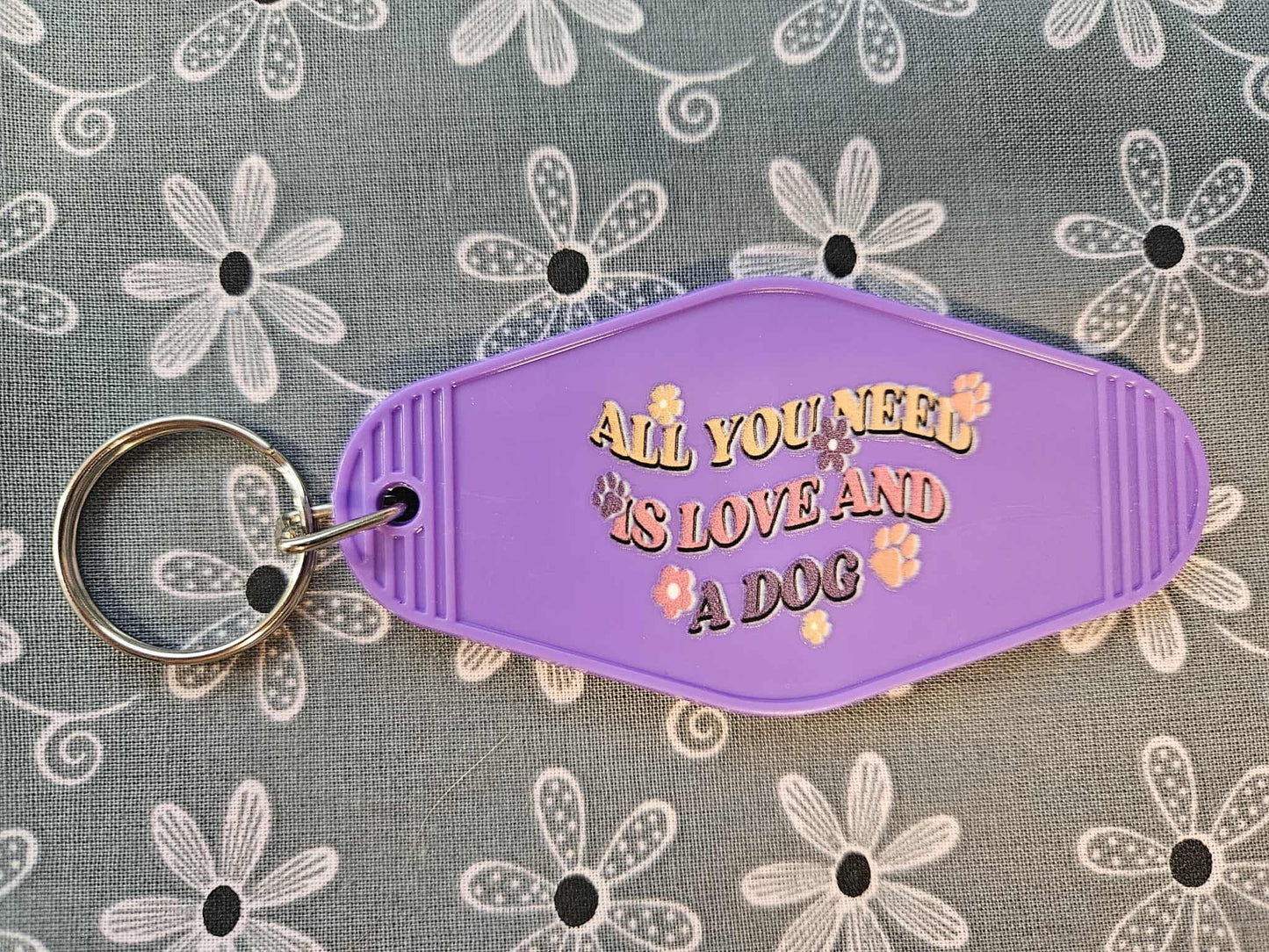 Retro Motel Keychain: Purple Acrylic All You Need Is Love And A Dog - Joyfully Unique Things