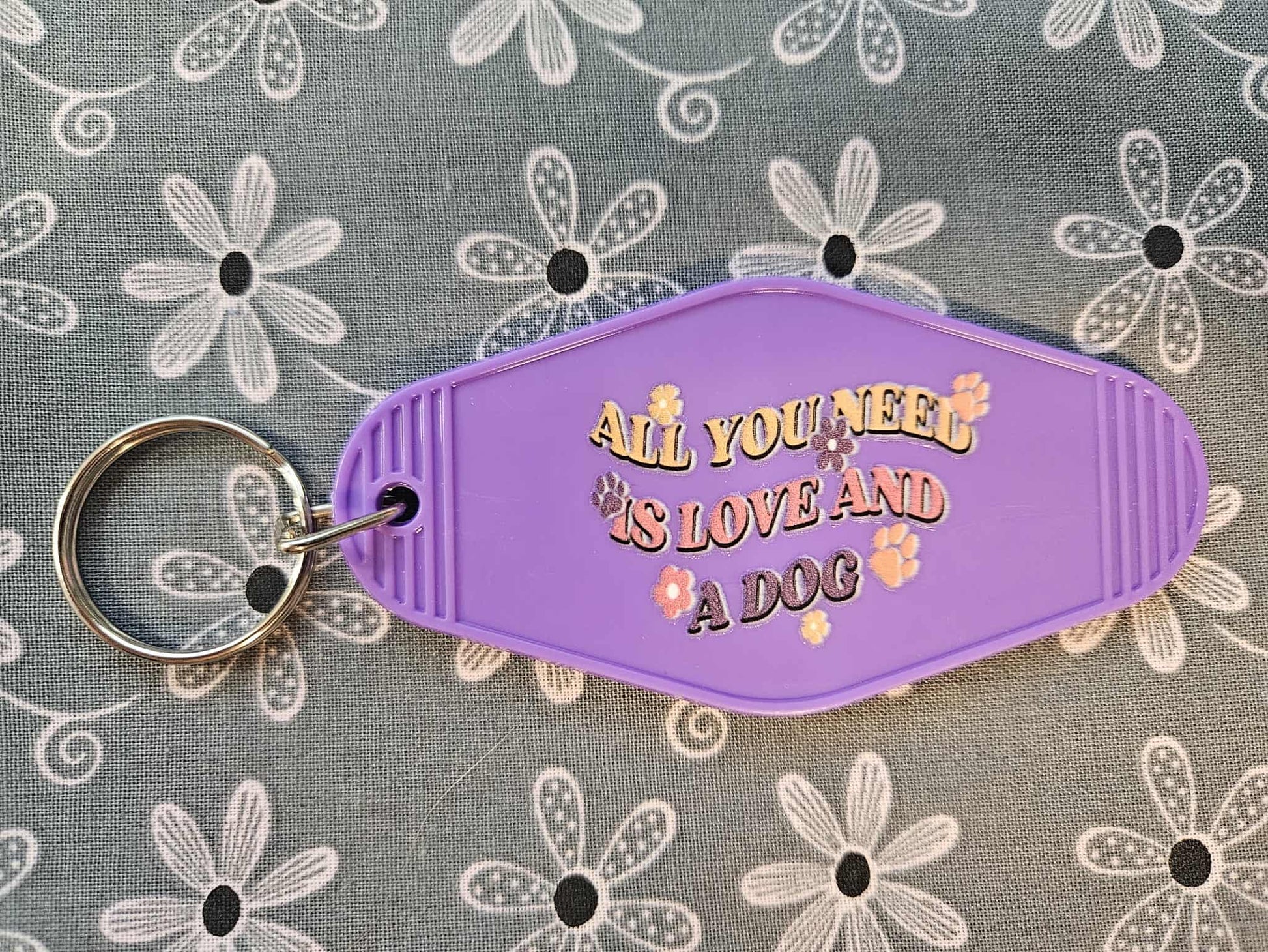 Retro Motel Keychain: Purple Acrylic All You Need Is Love And A Dog - Joyfully Unique Things