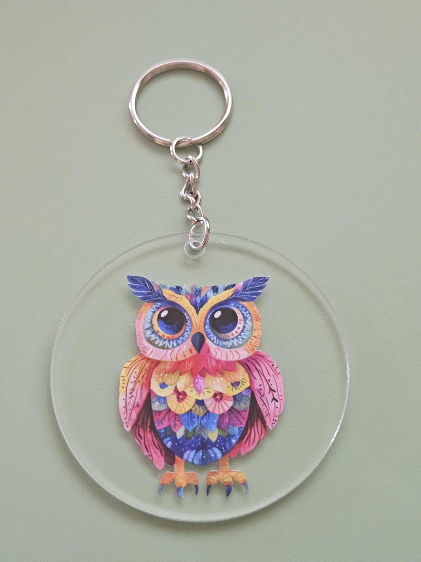 Clear Acrylic 3" Round Keychain With UV DTF Sticker Multi Color Big Bright Eye Owl