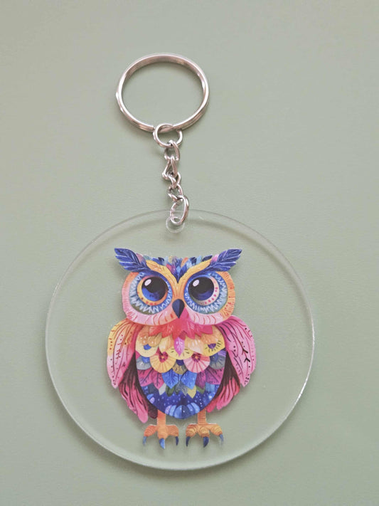 Clear Acrylic 3" Round Keychain With UV DTF Sticker Multi Color Big Bright Eye Owl