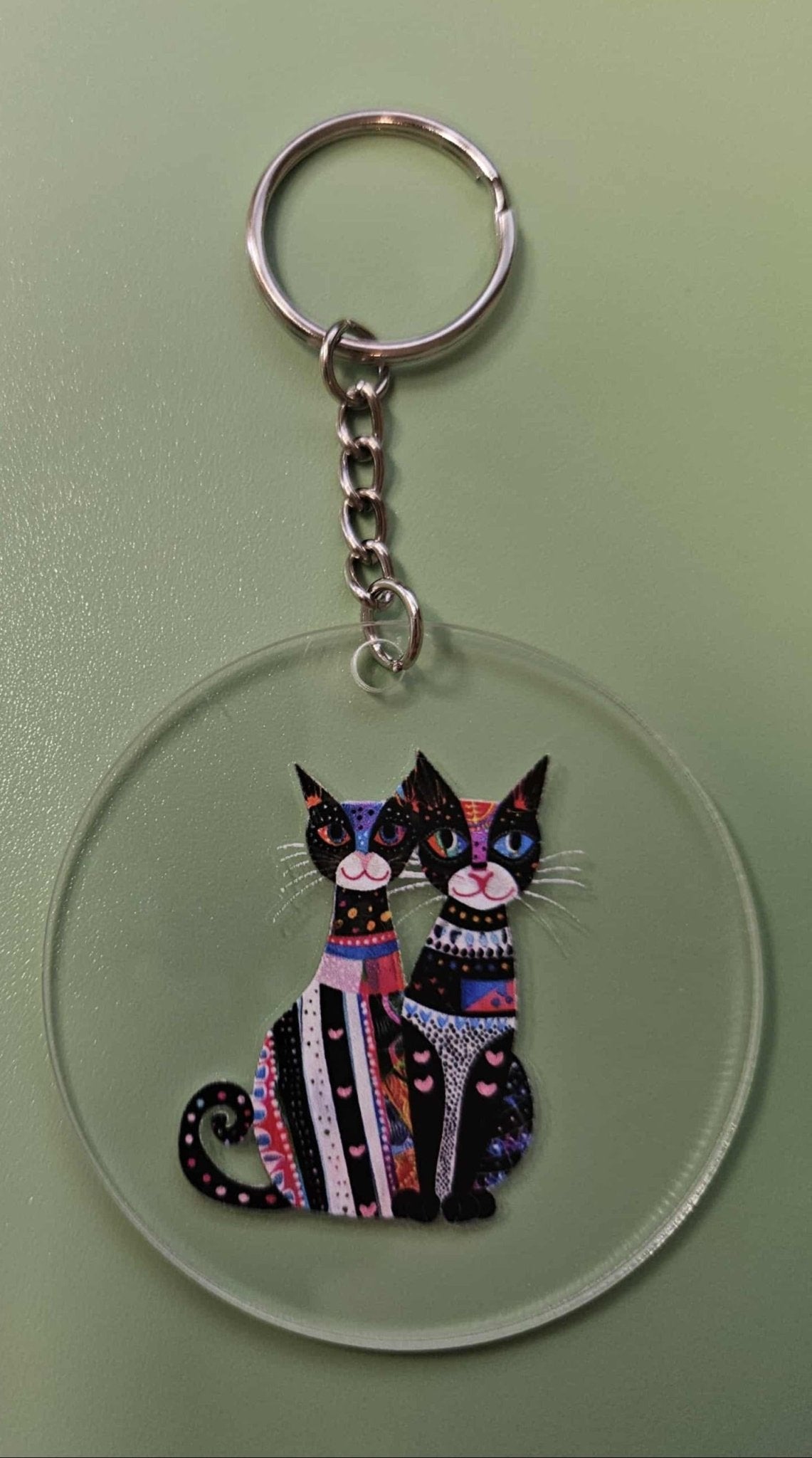 Clear Acrylic 3" Round Keychain With UV DTF Sticker Multi Color Big Bright Siamese Twins Black Cat - Joyfully Unique Things