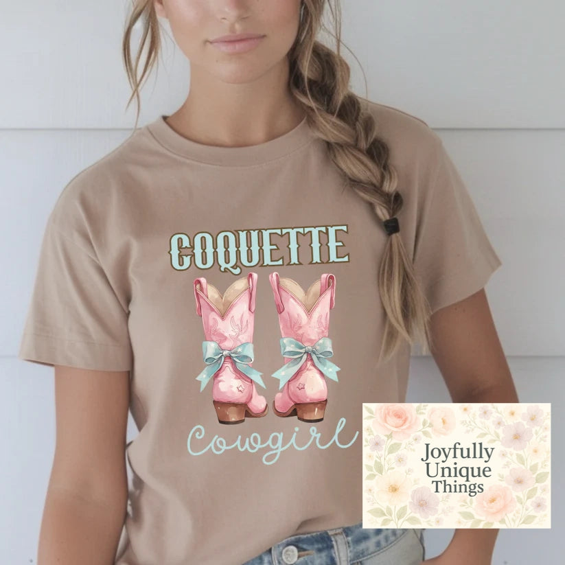 Short Sleeve T-Shirt Coquette Cowgirl Boots & Bows