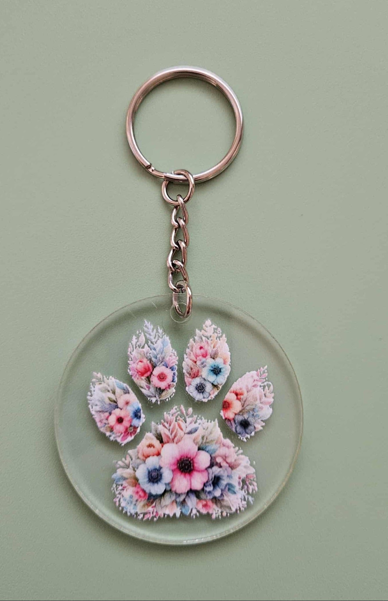 Clear Acrylic 2.5" Round Keychain With UV DTF Sticker Multi Color Floral Pawprint