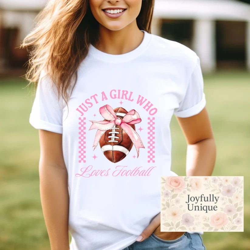 Short Sleeve T-Shirt Just A Girl Who Loves A Football Pink Bow Coquette - Joyfully Unique