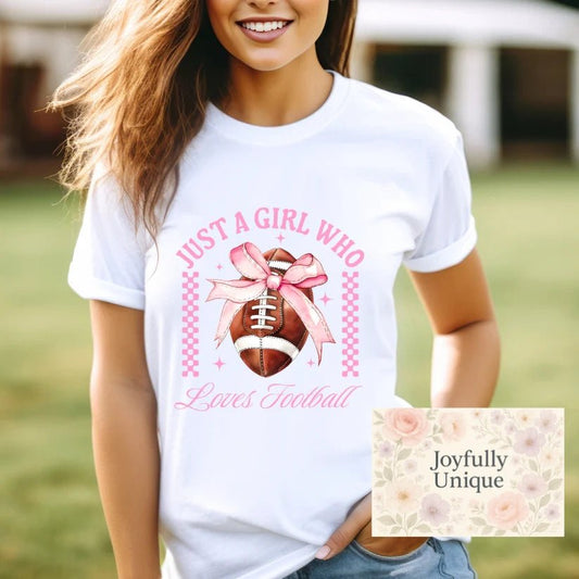 Short Sleeve T-Shirt Just A Girl Who Loves A Football Pink Bow Coquette - Joyfully Unique