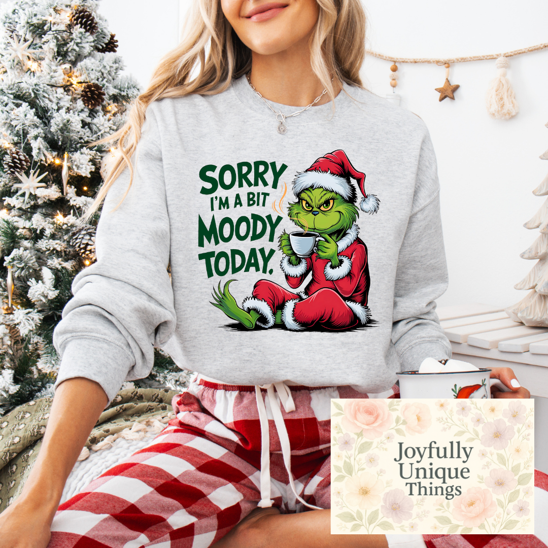 Short Sleeve Christmas T-Shirt Sorry I'm A Bit Moody Today Grinch Santa Green Man Drinking Coffee