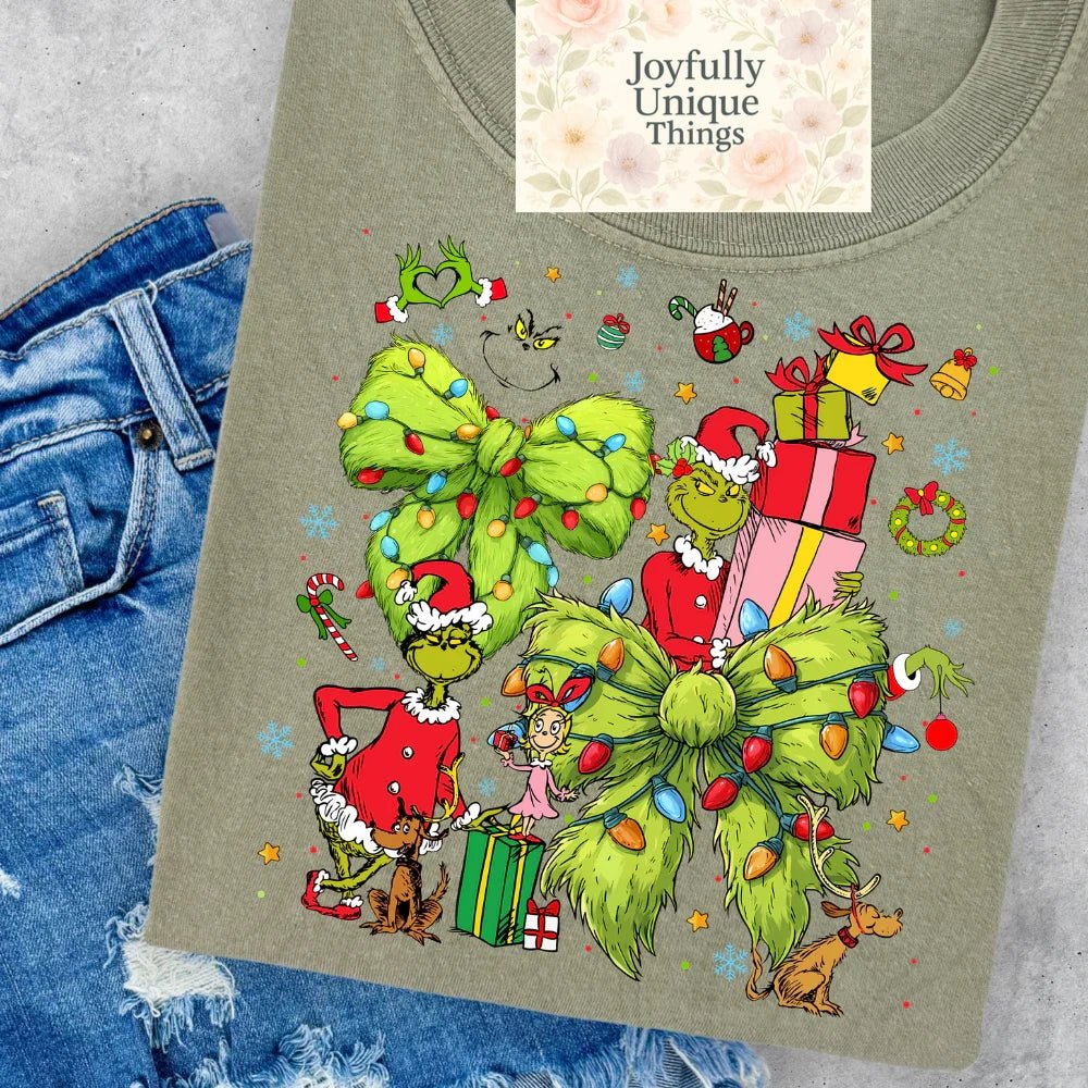 Short Sleeve T-Shirt Christmas Fuzzy Green Bow Santa Hat Cindy Lou Max Grinch Gman - Joyfully Unique Things