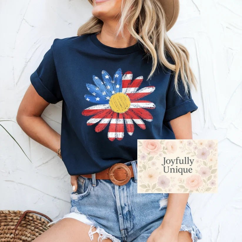 Short Sleeve T-Shirt Red White Blue Daisy Flower - Joyfully Unique