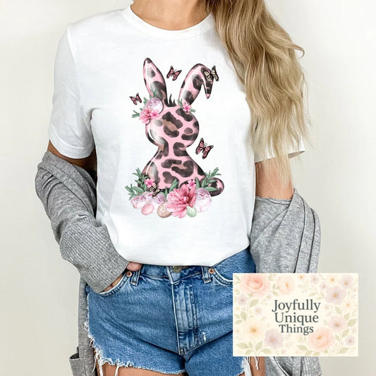 Short Sleeve T-Shirt: Pink Leopard Print Easter Bunny Flowers & Butterflies