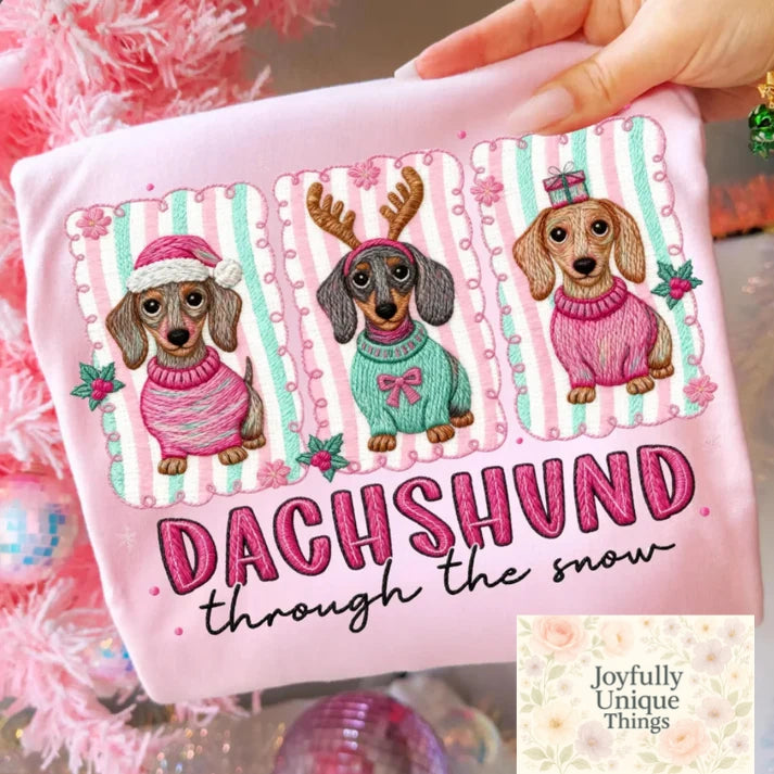 Faux Yarn Dachshund Through The Snow Doxie Dogs  Short Sleeve T-Shirt