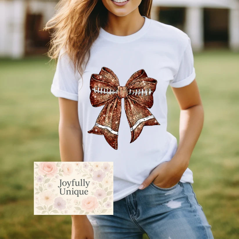 Short Sleeve T-Shirt Football Glitter Coquette Bow