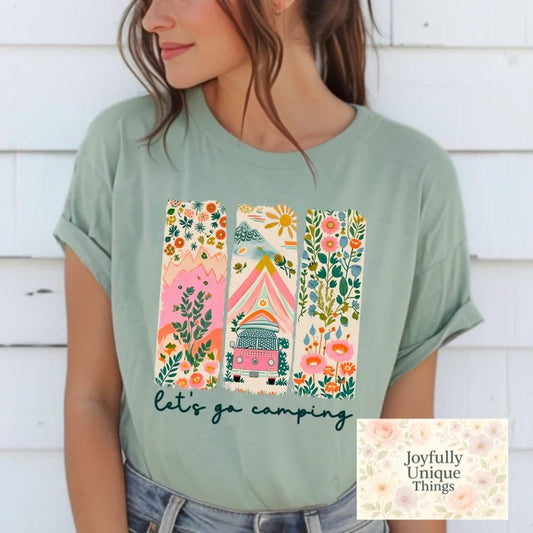 Short Sleeve T-Shirt: Lets Go Camping Vintage VW Camper Van - Joyfully Unique Things