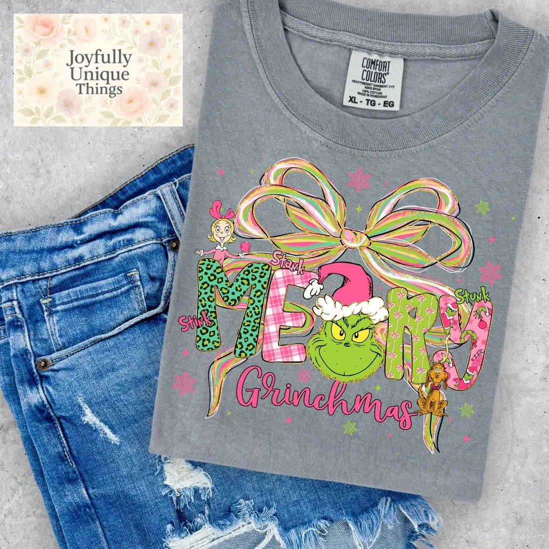 Short Sleeve T-Shirt Christmas Green Bow Pink Santa Hat Grinch Gman Merry Grinchmas Stink Stank Stunk - Joyfully Unique Things