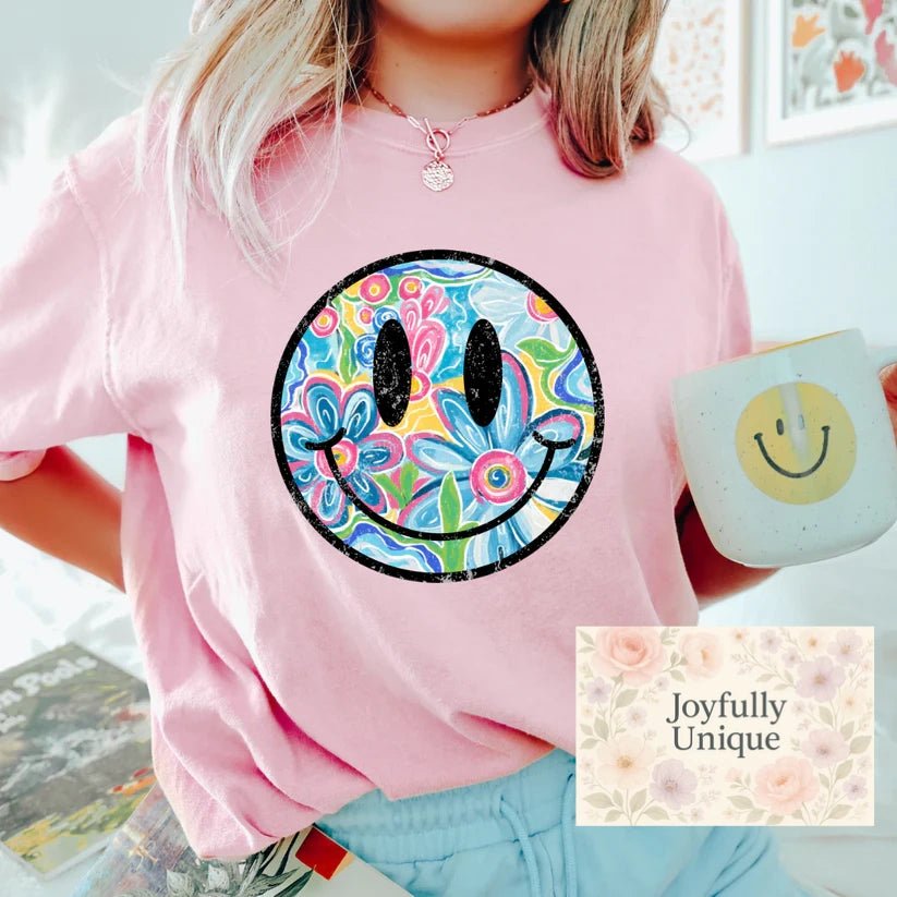 Short Sleeve T-Shirt Retro Floral Smiley Face - Joyfully Unique