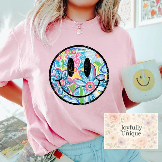Short Sleeve T-Shirt Retro Floral Smiley Face - Joyfully Unique