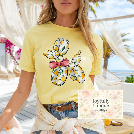 Short Sleeve T-Shirt: White Yellow Lemons With Pink Bow Balloon Animal