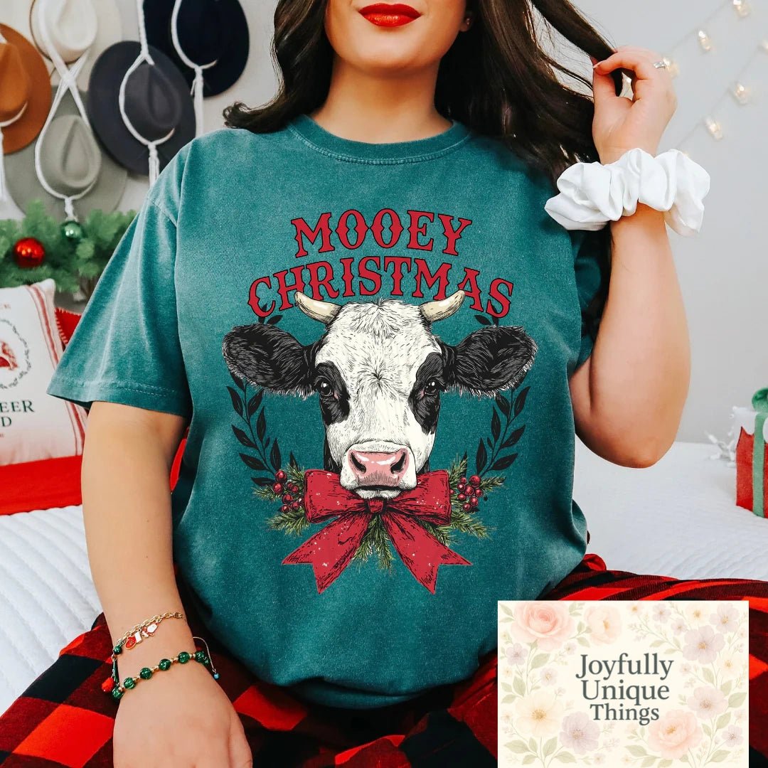 Short Sleeve T-Shirt Christmas Red Bow Black White Cow Mooey Christmas - Joyfully Unique Things