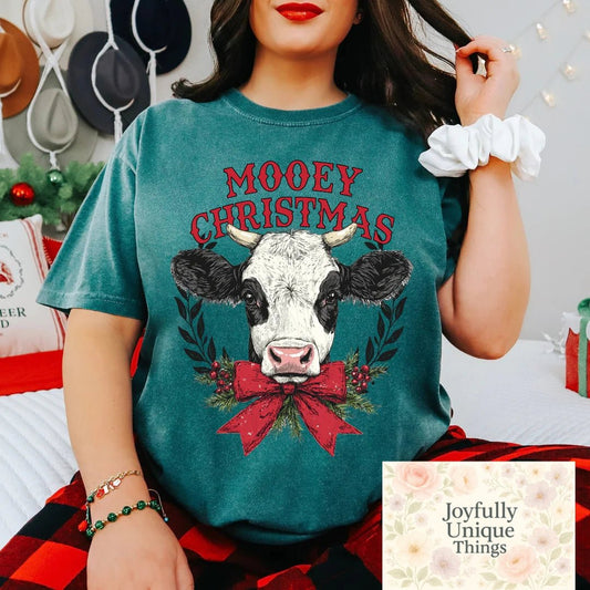 Short Sleeve T-Shirt Christmas Red Bow Black White Cow Mooey Christmas - Joyfully Unique Things