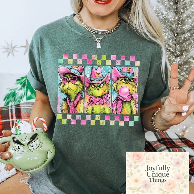 Short Sleeve T-Shirt Christmas Retro Checkers Grinch Gman Green Man Pink Cowboy - Joyfully Unique Things