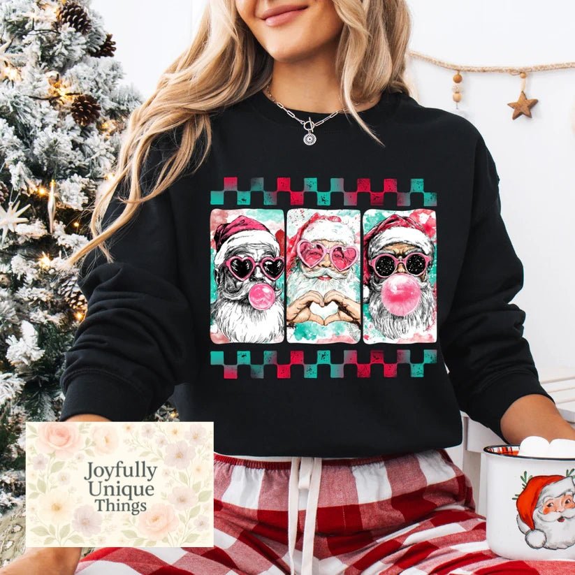 Short Sleeve T-Shirt Christmas Retro Checkers Santa Blowing Bubble Gum - Joyfully Unique Things
