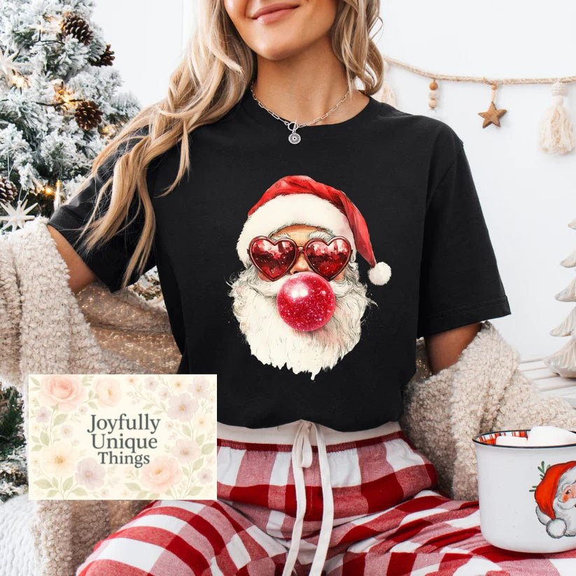 Short Sleeve T-Shirt Christmas Santa Red Heart Sunglasses Blowing Bubble Gum - Joyfully Unique Things