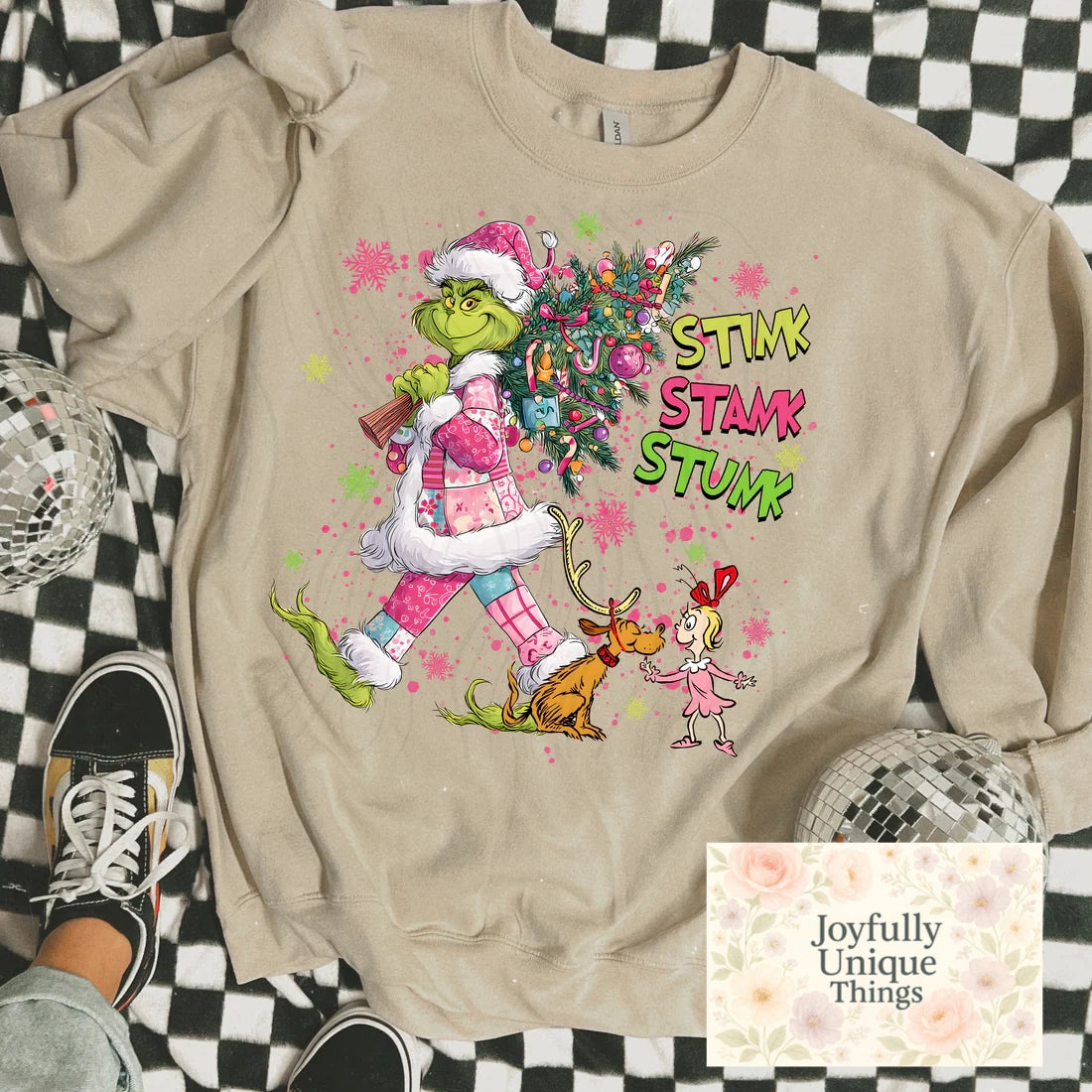 Short Sleeve T-Shirt Christmas Pink Patchwork Santa Hat Christmas Tree Grinch Gman Stink Stank Stunk