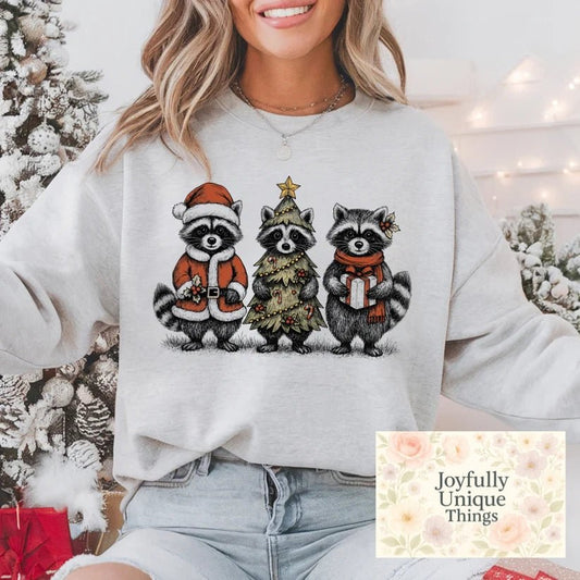 Short Sleeve T-Shirt Christmas Trio Of Feral Santa Raccoons - Joyfully Unique Things