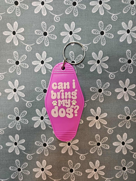 Retro Motel Keychain: Pink Acrylic 'Can I Bring My Dog' Luggage Tag - Joyfully Unique