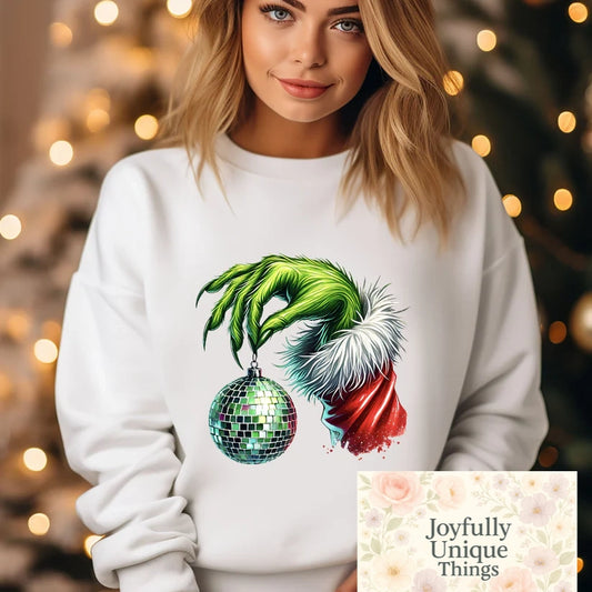 Short Sleeve T-Shirt Christmas Grinch Arm & Hand With Disco Ball Ornament