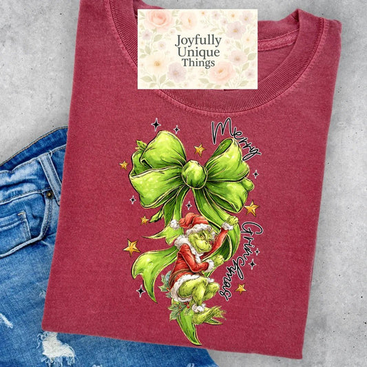Short Sleeve T-Shirt Christmas Green Bow Santa Hat Grinch Gman Merry Grinchmas - Joyfully Unique Things