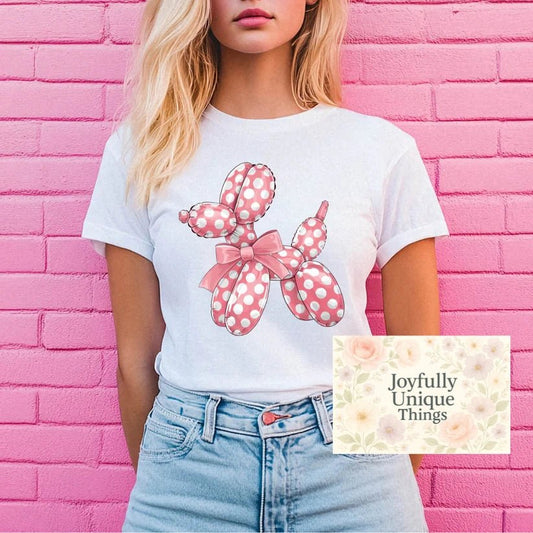Short Sleeve T-Shirt: Pink Polka Dot Balloon Animal - Joyfully Unique Things