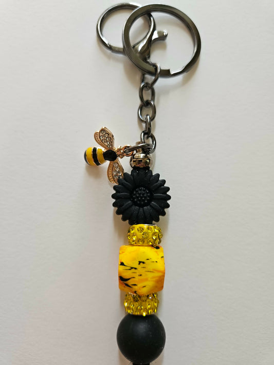 Sunflower Yellow Stripe Bee Charm Bling Gift Keychain - Joyfully Unique Things