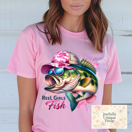 Short Sleeve T-Shirt: Reel Girls Fish Pink Hat Sunglasses Fishing Shirt