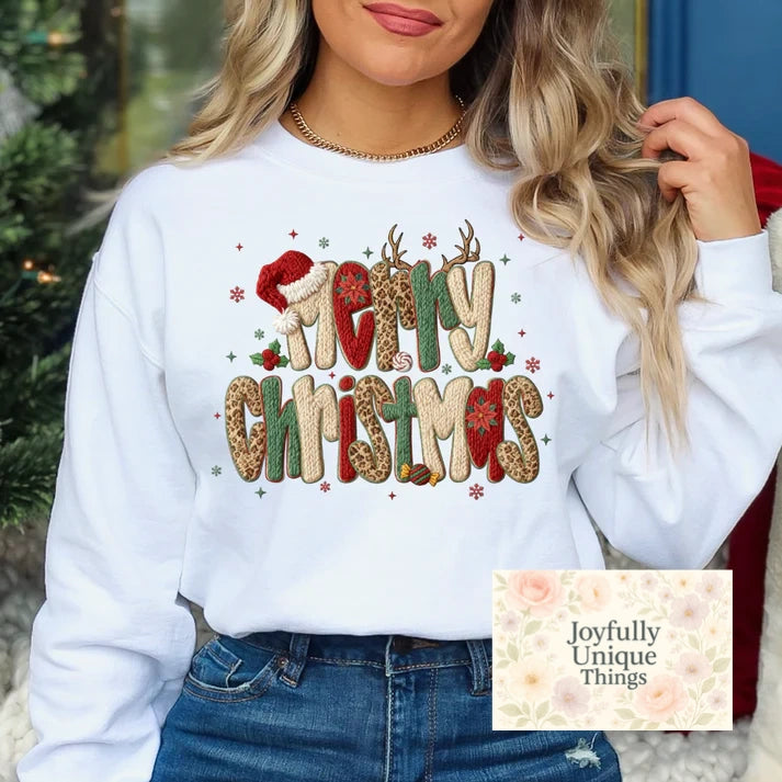 Faux Yarn Merry Christmas Santa Hat Antlers Short Sleeve T-Shirt