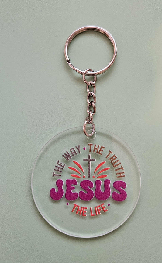 Clear Acrylic 2.5" Round Keychain With UV DTF Sticker Jesus The Way The Truth The Life