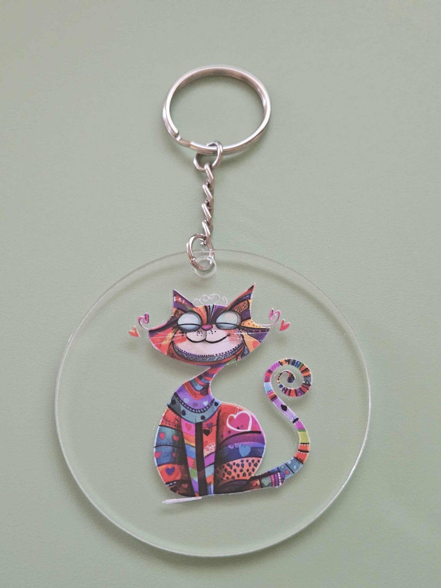 Clear Acrylic 3" Round Keychain With UV DTF Sticker Multi Color Big Bright Crazy Heart Cat