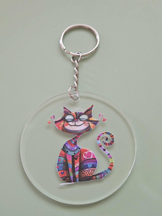 Clear Acrylic 3" Round Keychain With UV DTF Sticker Multi Color Big Bright Crazy Heart Cat