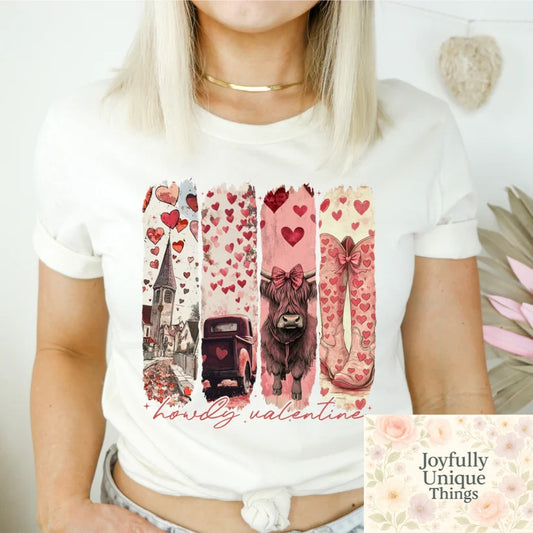 Short Sleeve T-Shirt: Valentines Highland Cow Boots Truck Hearts