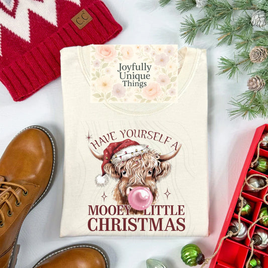 Short Sleeve T-Shirt Christmas Lights Santa Hat Bubble Blowing Highland Cow Have Yourself A Mooey Little Christmas
