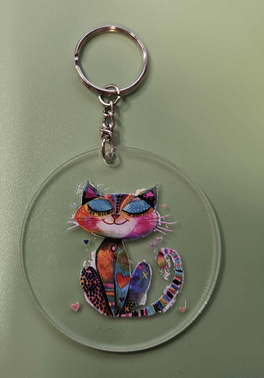 Clear Acrylic 3" Round Keychain With UV DTF Sticker Multi Color Big Bright Eyes Closed Smiling Cat - Joyfully Unique Things