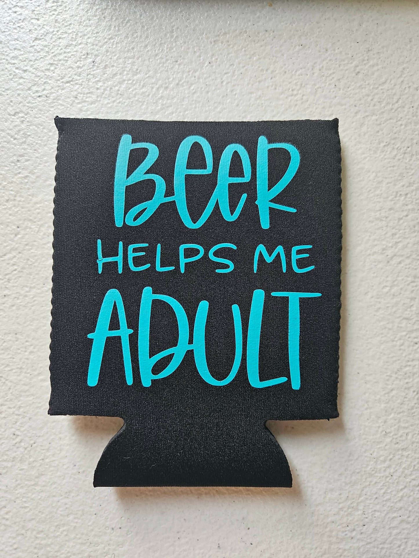 Beer Helps Me Adult Koozie Black & Teal Blue