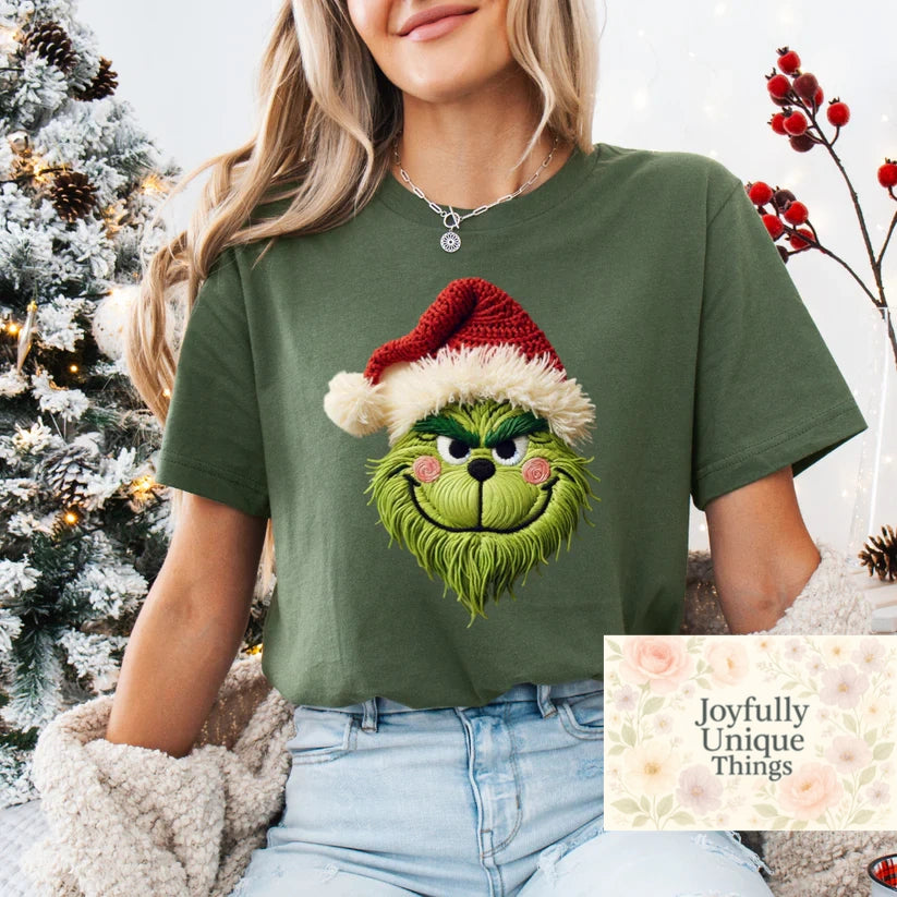 Short Sleeve T-Shirt Christmas Retro Faux Crochet Yarn Grinch Gman Green Man