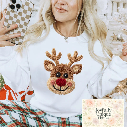 Short Sleeve T-Shirt Christmas Retro Faux Crochet Yarn Reindeer