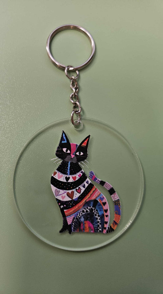 Clear Acrylic 3" Round Keychain With UV DTF Sticker Multi Color Big Bright Black Cat